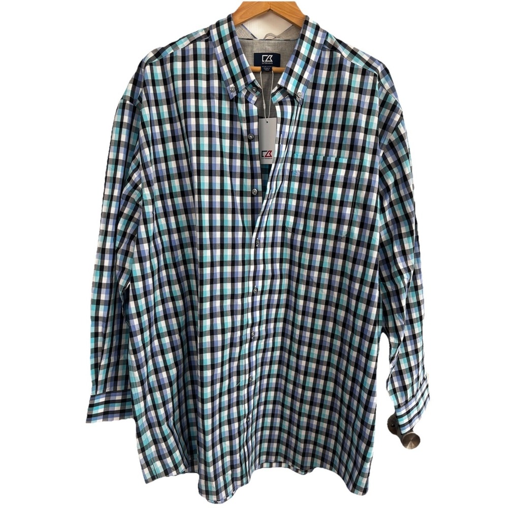 CUTTER & BUCK MENS Sz 2XB Non Iron Button Up Check Blue Blk Wht L/S Shirt New